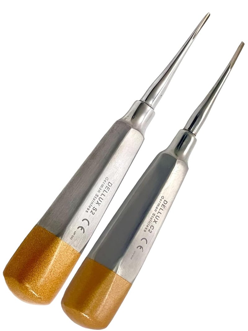 artlab -Dental Luxating Elevator Dental Root Elevators Straight Curved Tip-Periotome Luxating Elevator Apical Root Dental Elavators Extracting Extraction (Elevator STR+CVD 2MM Gold) - Image 1